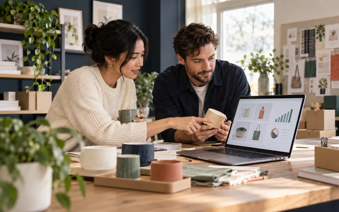 Equipo de comercio revisando productos y datos de su catálogo en un portátil