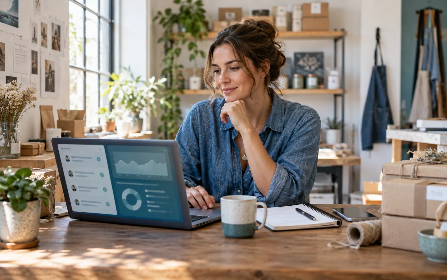 Comerciante revisando conversaciones y tendencias de clientes en su portátil