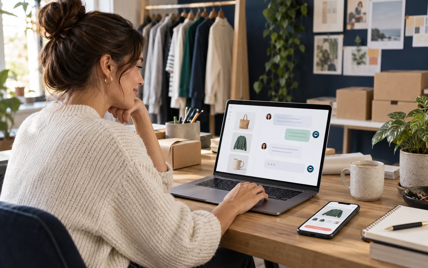 Comerciante revisando una conversación de compra y productos en su portátil